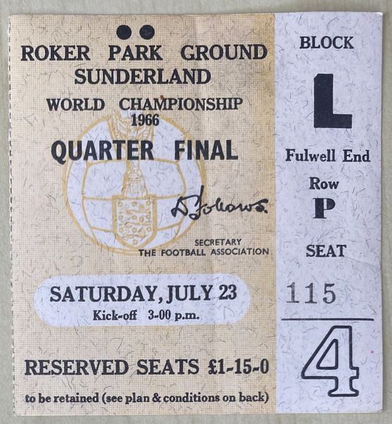 1966 ORIGINAL WORLD CUP QUARTER FINAL TICKET HUNGARY V SOVIET UNION @ ROKER PARK