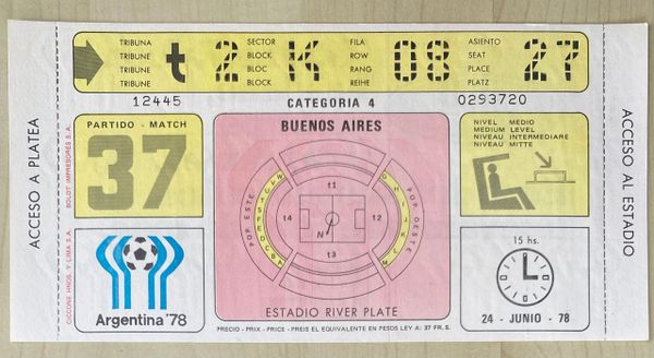 1978 ORIGINAL UNUSED WORLD CUP 3RD PLACE PLAY OFF TICKET BRAZIL V ITALY @ RIVER PLATE , BUENOS AIRES