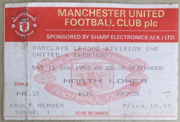 1991/92 ORIGINAL DIVISION ONE TICKET MANCHESTER UNITED V EVERTON