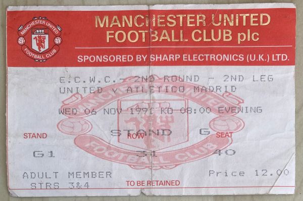 1991/92 ORIGINAL EUROPEAN CUP WINNERS CUP 2ND ROUND 2ND LEG TICKET MANCHESTER UNITED V ATLETICO MADRID