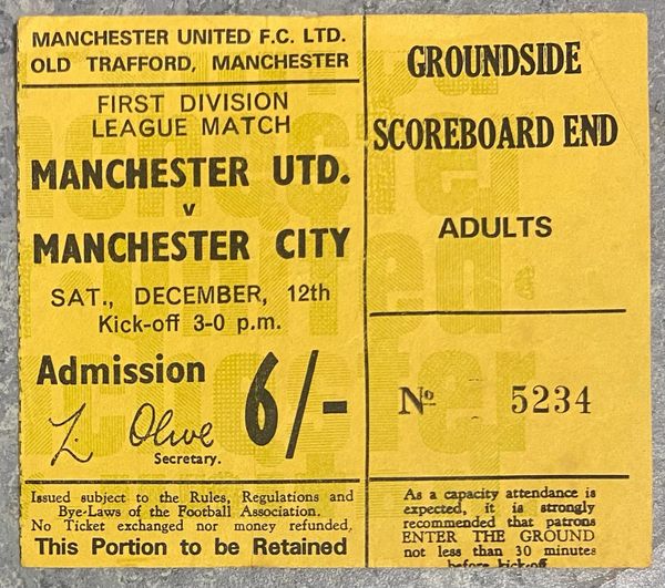 1970/71 ORIGINAL DIVISION ONE TICKET MANCHESTER UNITED V MANCHESTER CITY