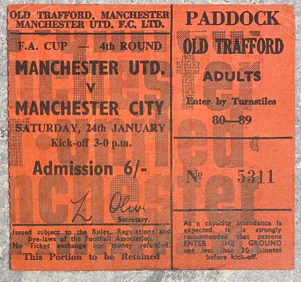 1969/70 ORIGINAL FA CUP 4TH ROUND TICKET MANCHESTER UNITED V MANCHESTER CITY