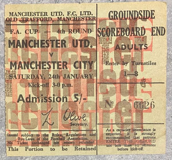 1969/70 ORIGINAL FA CUP 4TH ROUND TICKET MANCHESTER UNITED V MANCHESTER CITY