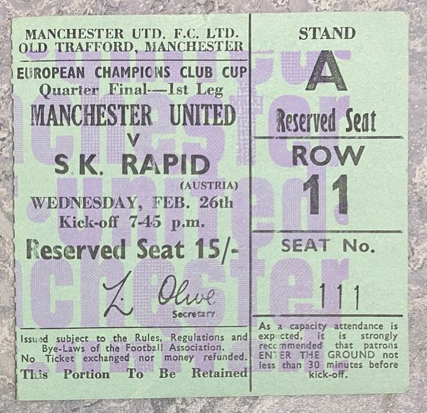 1968/69 ORIGINAL EUROPEAN CUP QUARTER FINAL 1ST LEG TICKET MANCHESTER UNITED V SK RAPID VIENNA