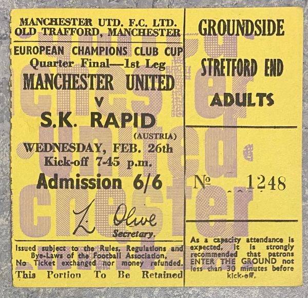 1968/69 ORIGINAL EUROPEAN CUP QUARTER FINAL 1ST LEG TICKET MANCHESTER UNITED V SK RAPID VIENNA