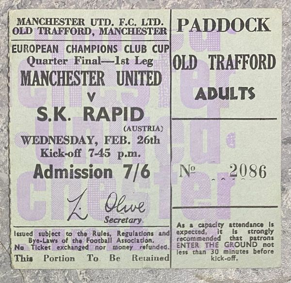 1968/69 ORIGINAL EUROPEAN CUP QUARTER FINAL 1ST LEG TICKET MANCHESTER UNITED V SK RAPID VIENNA