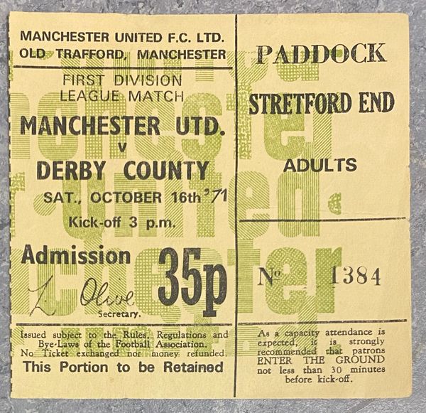 1971/72 ORIGINAL DIVISION ONE TICKET MANCHESTER UNITED V DERBY COUNTY
