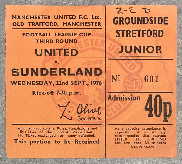 1976/77 ORIGINAL FOOTBALL LEAGUE CUP 3RD ROUND TICKET MANCHESTER UNITED V SUNDERLAND