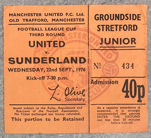 1976/77 ORIGINAL FOOTBALL LEAGUE CUP 3RD ROUND TICKET MANCHESTER UNITED V SUNDERLAND