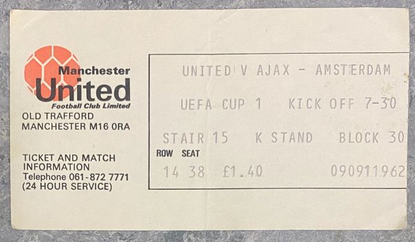 1976/77 ORIGINAL UEFA CUP 1ST ROUND 2ND LEG TICKET MANCHESTER UNITED V AJAX AMSTERDAM