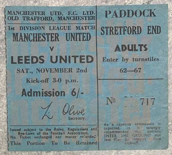 1968/69 ORIGINAL DIVISION ONE TICKET MANCHESTER UNITED V LEEDS UNITED