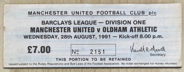 1991/92 ORIGINAL DIVISION ONE TICKET MANCHESTER UNITED V OLDHAM ATHLETIC (VISITORS END)