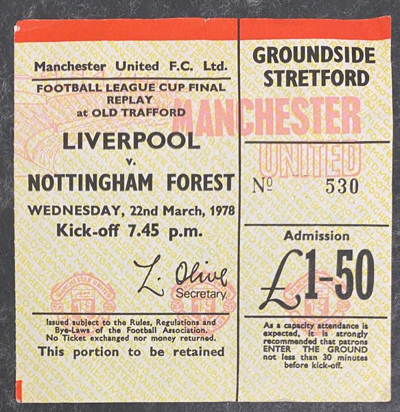 1978 ORIGINAL LEAGUE CUP FINAL REPLAY TICKET NOTTINGHAM FOREST V LIVERPOOL @ OLD TRAFFORD (LIVERPOOL ALLOCATION)