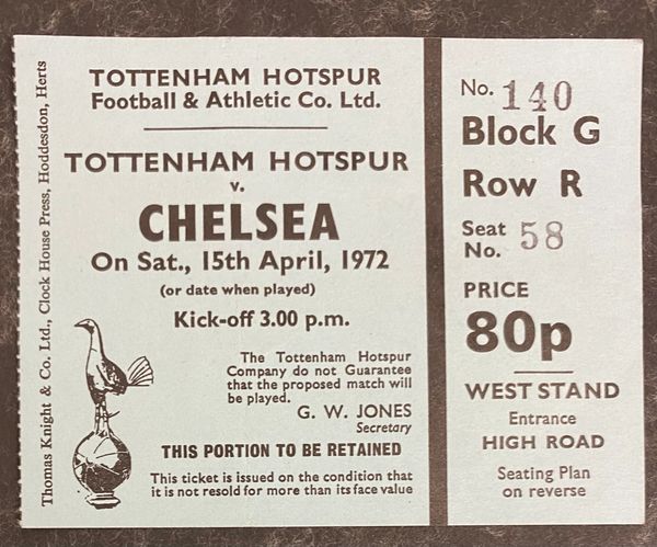 1971/72 ORIGINAL DIVISION ONE TICKET TOTTENHAM HOTSPUR V CHELSEA