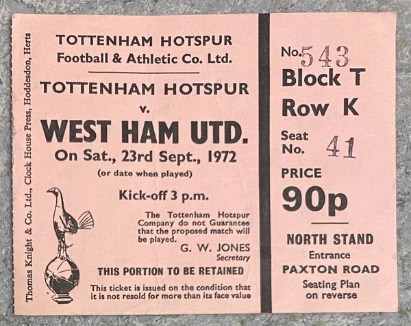 1972/73 ORIGINAL DIVISION ONE TICKET TOTTENHAM HOTSPUR V WEST HAM UNITED