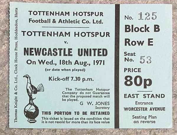 1971/72 ORIGINAL DIVISION ONE TICKET TOTTENHAM HOTSPUR V NEWCASTLE UNITED