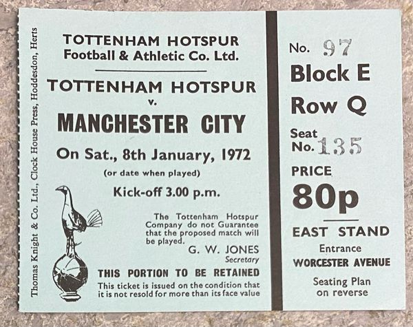 1971/72 ORIGINAL DIVISION ONE TICKET TOTTENHAM HOTSPUR V MANCHESTER CITY