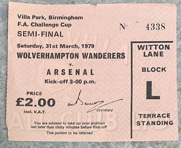 1979 ORIGINAL FA CUP SEMI FINAL TICKET ARSENAL V WOLVERHAMPTON WANDERERS (WOLVES ALLOCATION)