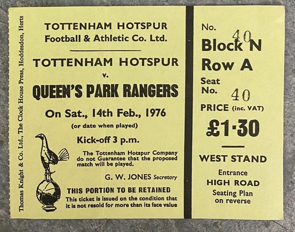 1975/76 ORIGINAL DIVISION ONE TICKET TOTTENHAM HOTSPUR V QUEENS PARK RANGERS