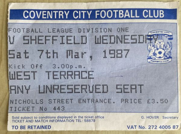 1986/87 ORIGINAL DIVISION ONE TICKET COVENTRY CITY V SHEFFIELD WEDNESDAY