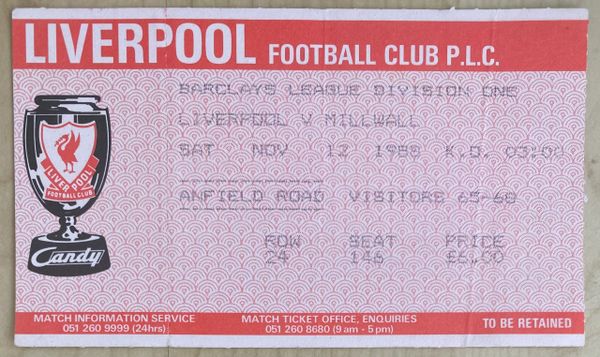 1988/89 ORIGINAL DIVISION ONE TICKET LIVERPOOL V MILLWALL (MILLWALL ALLOCATION)