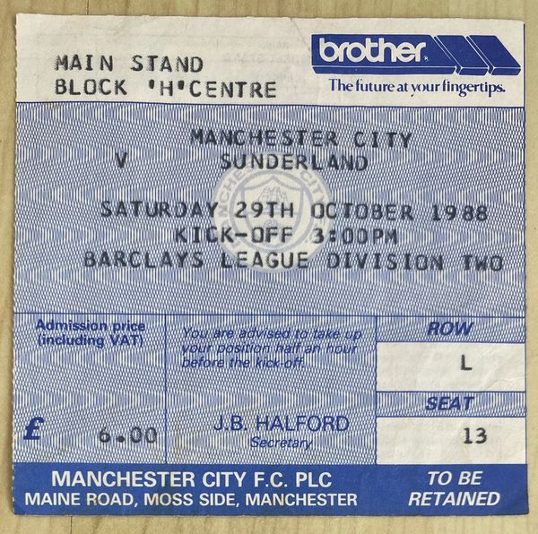 1988/89 ORIGINAL DIVISION TWO TICKET MANCHESTER CITY V SUNDERLAND