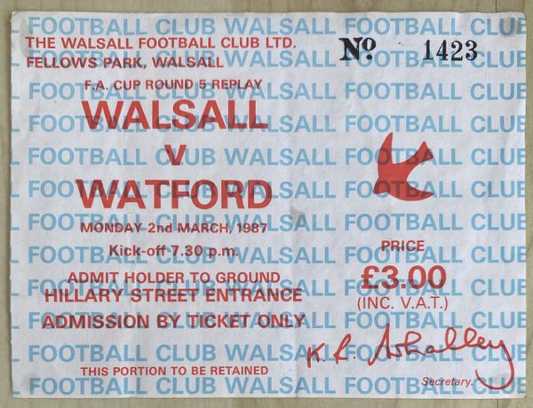 1986/87 ORIGINAL FA CUP 5TH ROUND 2ND REPLAY TICKET WALSALL V WATFORD