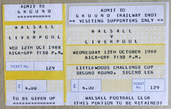1988/89 ORIGINAL UNUSED LITTLEWOODS CUP 2ND ROUND 2ND LEG TICKET WALSALL V LIVERPOOL (LIVERPOOL ALLOCATION)