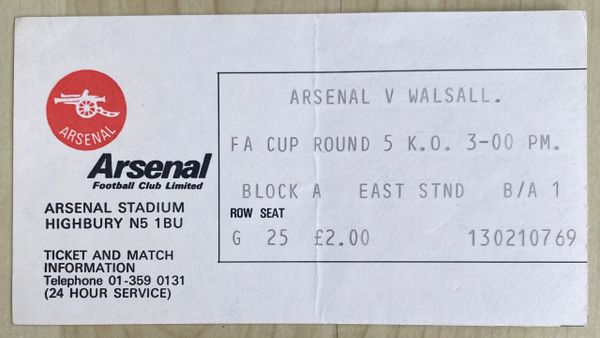 1977/78 ORIGINAL FA CUP 5TH ROUND TICKET ARSENAL V WALSALL