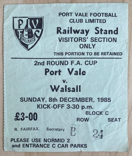 1985/86 ORIGINAL FA CUP 2ND ROUND TICKET PORT VALE V WALSALL (VISITORS SECTION)