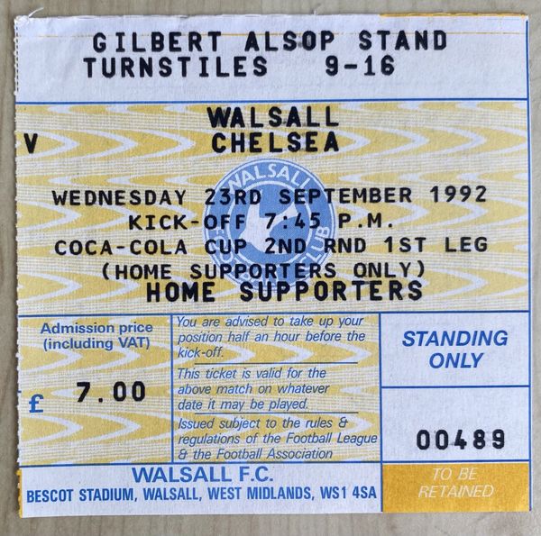 1992/93 ORIGINAL COCA COLA CUP 2ND ROUND 1ST LEG TICKET WALSALL V CHELSEA
