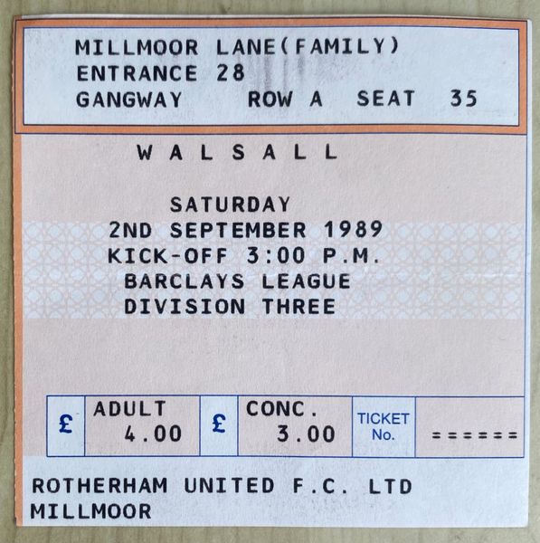 1989/90 ORIGINAL DIVISION 3 TICKET ROTHERHAM UNITED V WALSALL