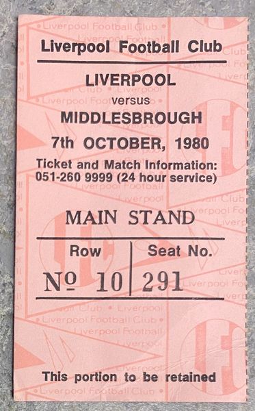 1980/81 ORIGINAL DIVISION ONE TICKET LIVERPOOL V MIDDLESBROUGH