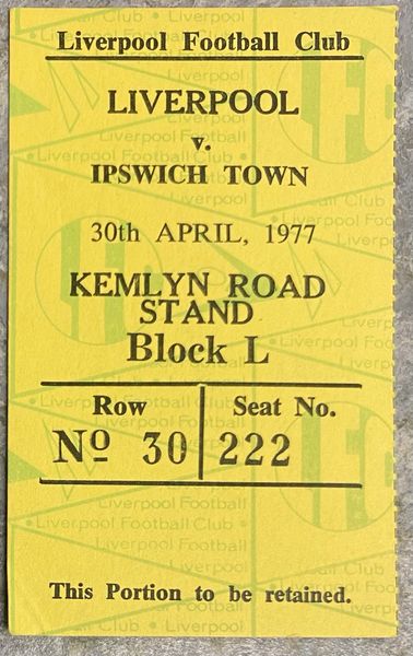 1976/77 ORIGINAL DIVISION ONE TICKET LIVERPOOL V IPSWICH TOWN