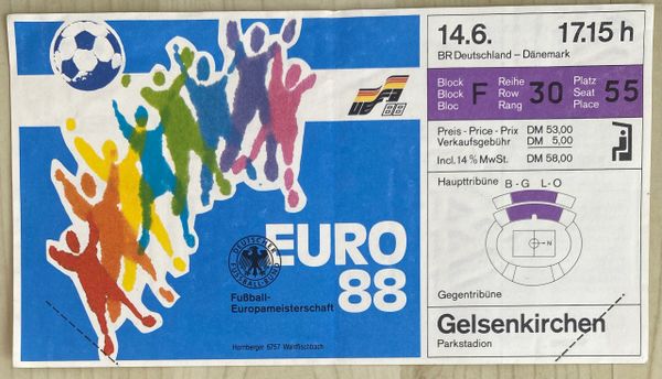 1988 ORIGINAL EURO 88 UNUSED GROUP 1 TICKET WEST GERMANY V DENMARK @ GELSENKIRCHEN