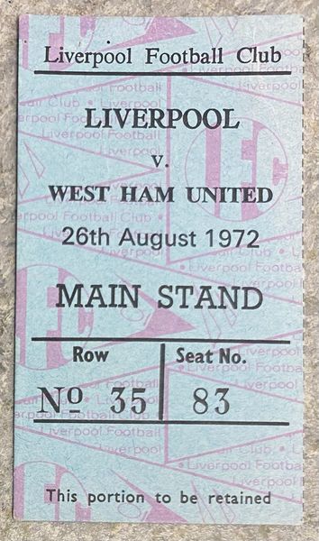 1972/73 ORIGINAL DIVISION ONE TICKET LIVERPOOL V WEST HAM UNITED