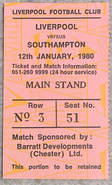 1979/80 ORIGINAL DIVISION ONE TICKET LIVERPOOL V SOUTHAMPTON