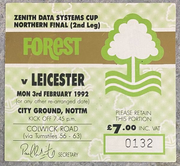 1991/92 ORIGINAL ZENITH DATA SYSTEMS CUP NORTHERN SEMI FINAL 2ND LEG TICKET NOTTINGHAM FOREST V LEICESTER CITY