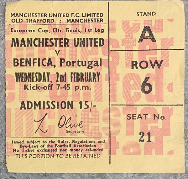 1965/66 ORIGINAL EUROPEAN CUP QUARTER FINAL 1ST LEG TICKET MANCHESTER UNITED V BENFICA