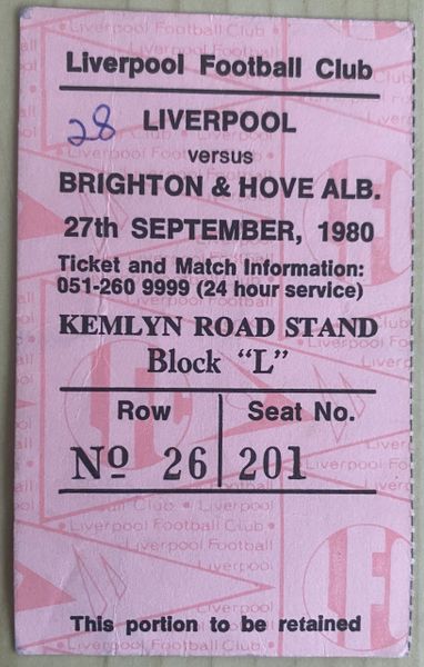 1980/81 ORIGINAL DIVISION ONE TICKET LIVERPOOL V BRIGHTON AND HOVE ALBION