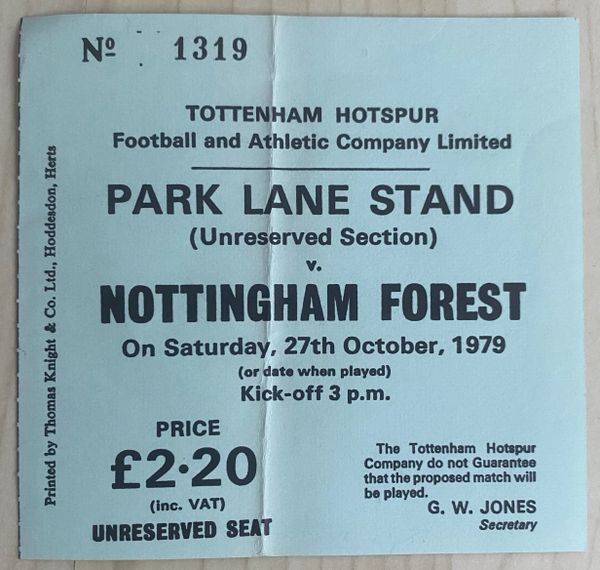 1979/80 ORIGINAL DIVISION ONE TICKET TOTTENHAM HOTSPUR V NOTTINGHAM FOREST