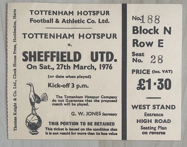 1975/76 ORIGINAL DIVISION ONE TICKET TOTTENHAM HOTSPUR V SHEFFIELD UNITED