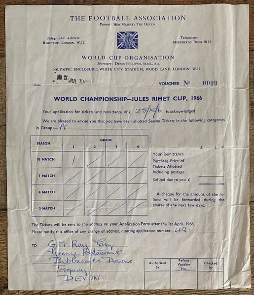1966 ORIGINAL WORLD CUP APPLICATION NOTIFICATION LETTER WHITE CITY