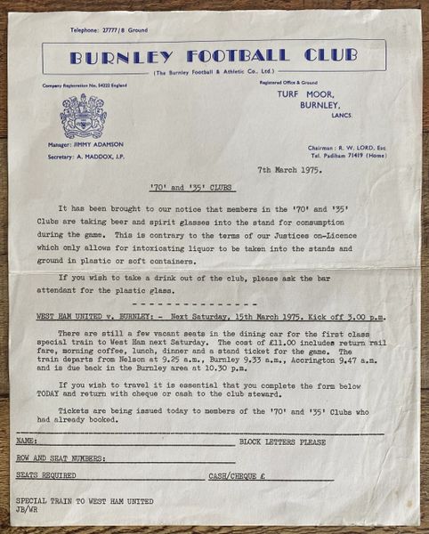 1975 ORIGINAL BURNLEY FC LETTER REGARDING DRINKING IN STANDS AND TRAIN TRIP TO WEST HAM