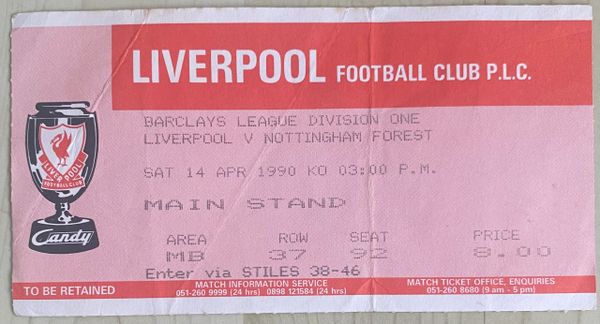 1989/90 ORIGINAL DIVISION ONE TICKET LIVERPOOL V NOTTINGHAM FOREST