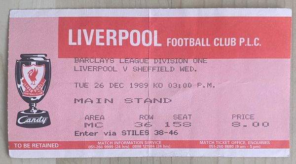 1989/90 ORIGINAL DIVISION ONE TICKET LIVERPOOL V SHEFFIELD WEDNESDAY