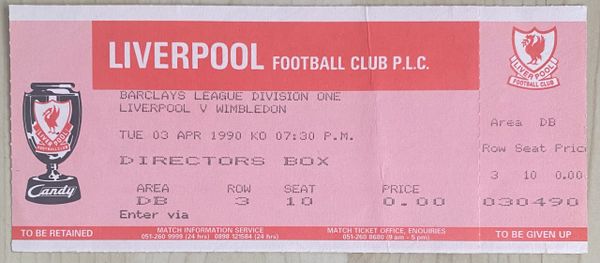 1989/90 ORIGINAL DIVISION ONE UNUSED DIRECTORS BOX TICKET LIVERPOOL V WIMBLEDON