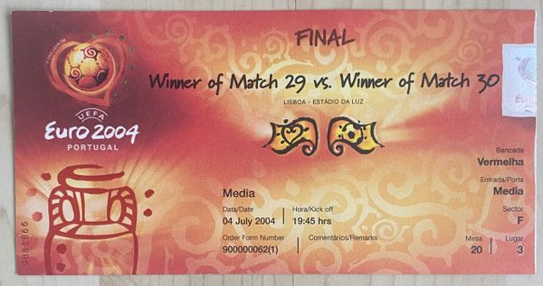 2004 ORIGINAL EUROPEAN CHAMPIONSHIPS THE FINAL TICKET GREECE V PORTUGAL @LISBON