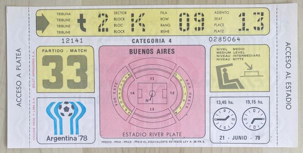 1978 ORIGINAL UNUSED WORLD CUP 2ND ROUND TICKET NETHERLANDS V ITALY @ RIVER PLATE , BUENOS AIRES