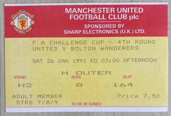 1990/91 ORIGINAL FA CUP 4TH ROUND TICKET MANCHESTER UNITED V BOLTON WANDERERS